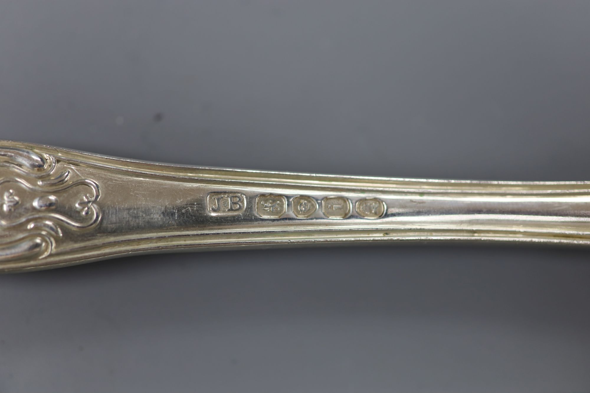 A pair of George IV silver hourglass pattern table forks and pair of dessert spoons and a pair of sugar tongs, 12.7oz